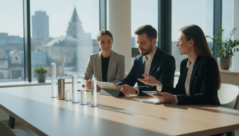 Zespół ekspertów agencji marketingowej Mayko podczas analizy wyników kampanii w nowoczesnym biurze w Białymstoku.